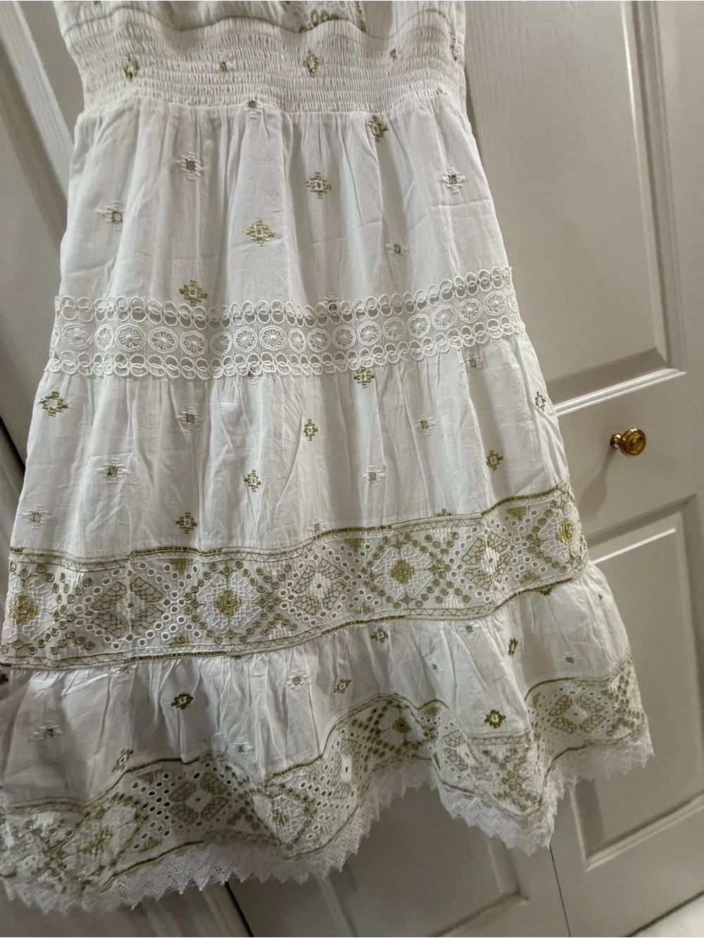 Soft Surroundings PS Petite Small White Gold Embroidered Cotton Midi Dress Boho
